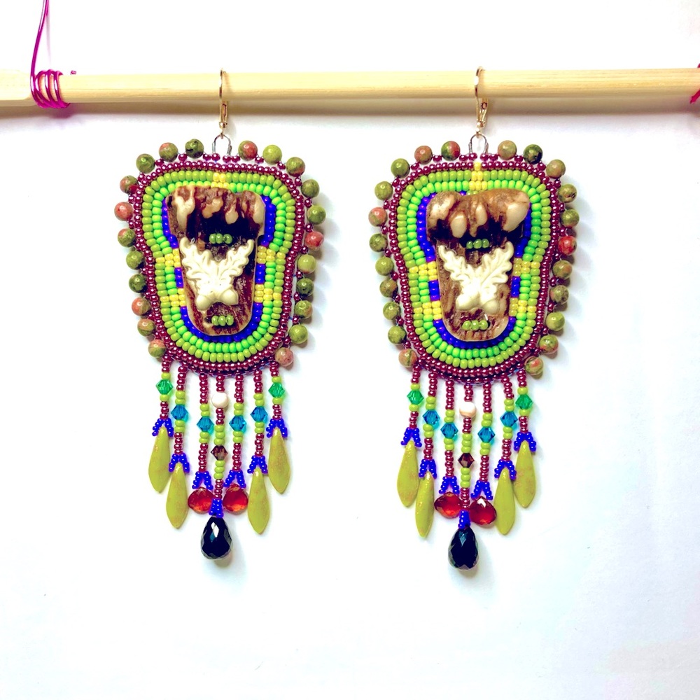 Beadwork Embroidery Carved Antler Button Earrings Fringe Dangle Drop Gemstones